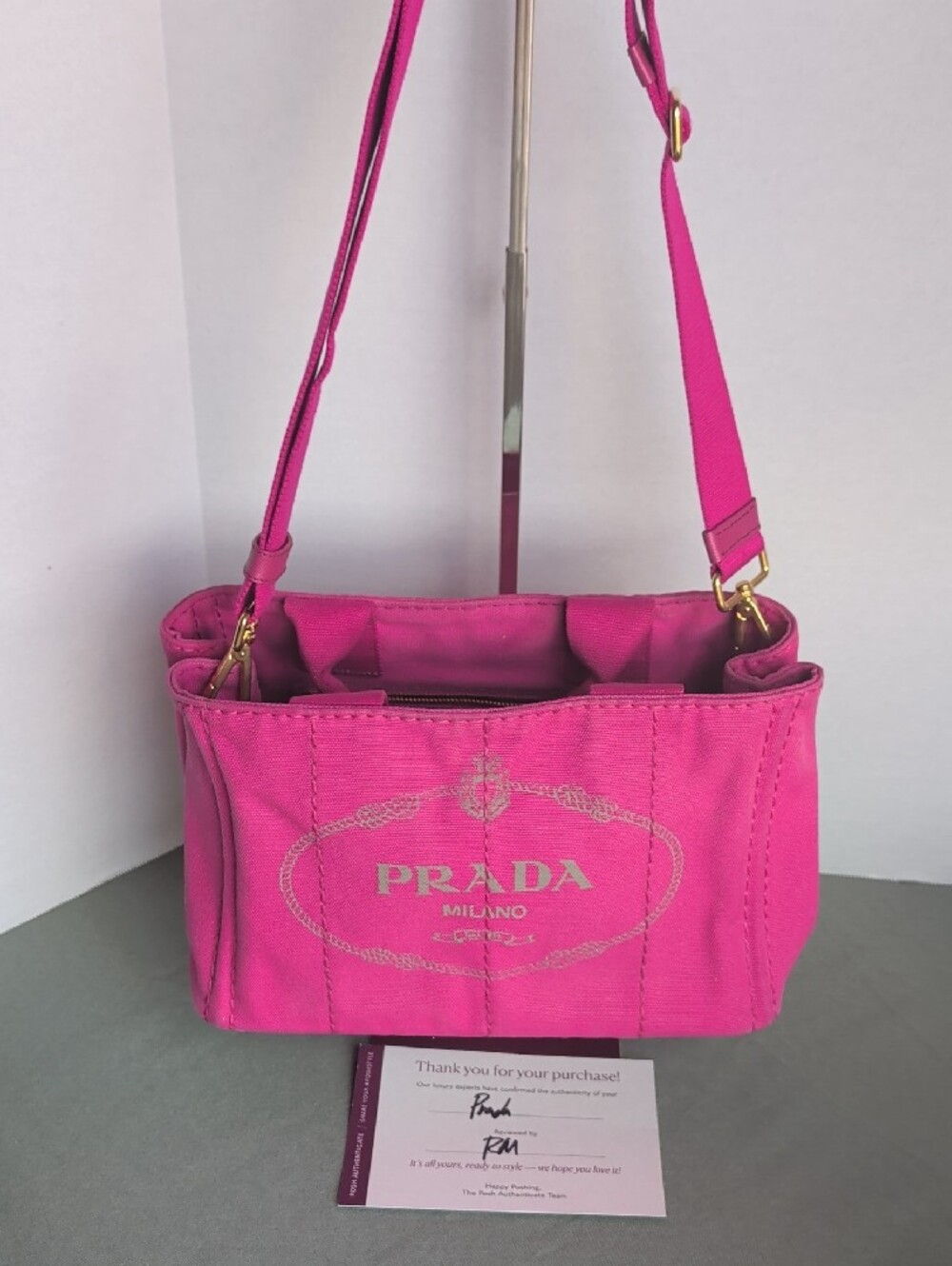 PRADA Pink Canapa Canvas PM Tote With Strap - Picture 6 of 16